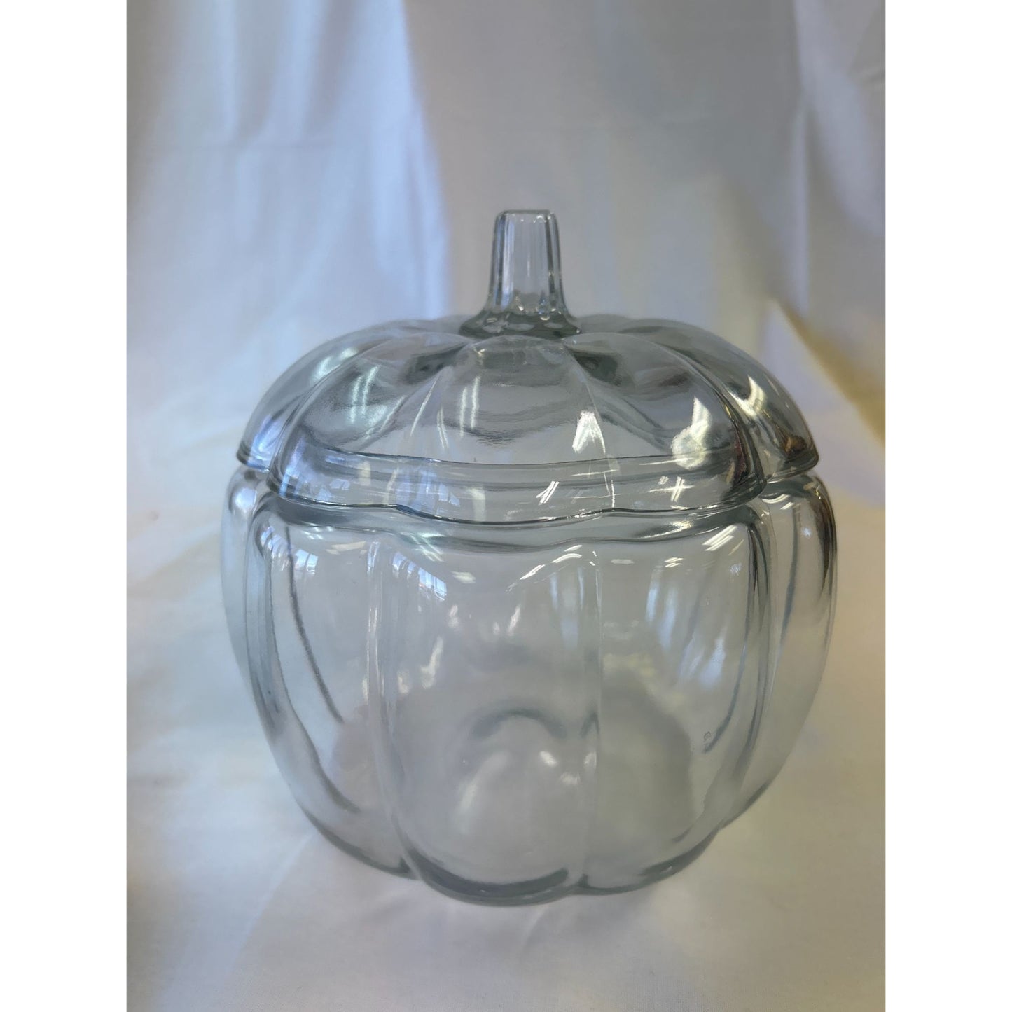 Clear Glass Pumpkin-Shaped Lidded Jar 7" Height X 4.75" Diameter Decorative Candy Dish Or Storage Container