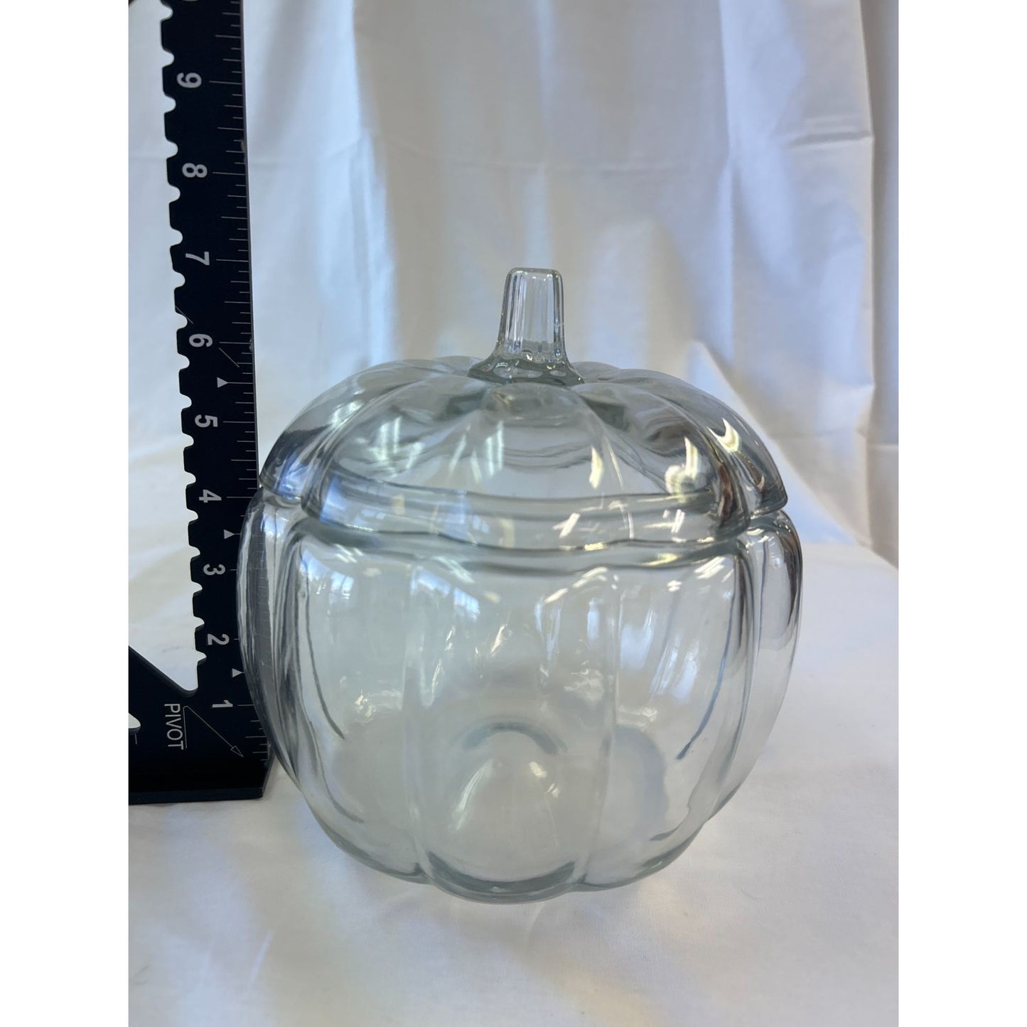 Clear Glass Pumpkin-Shaped Lidded Jar 7" Height X 4.75" Diameter Decorative Candy Dish Or Storage Container