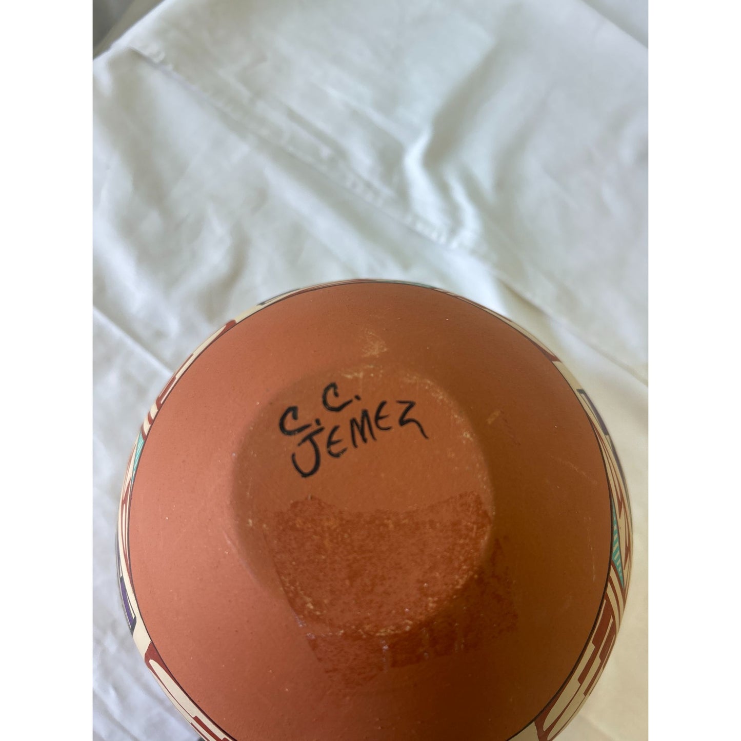 Handcrafted Native American Pottery Vase By G.C. Jemez With Geometric Pattern Design 6" Tall Terracotta & Multicolor