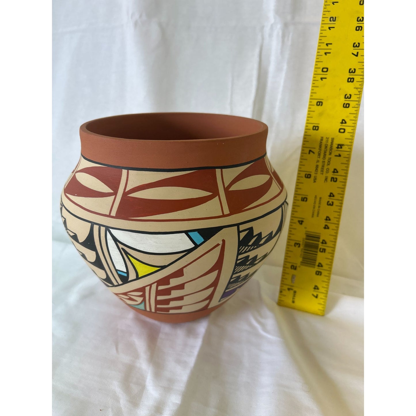 Handcrafted Native American Pottery Vase By G.C. Jemez With Geometric Pattern Design 6" Tall Terracotta & Multicolor