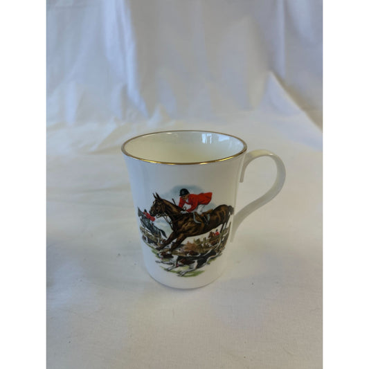 Vintage Crown Tent Staffordshire England Bone China Equestrian Hunting Scene Mug With Gold Trim