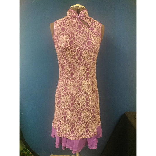 Purple Lace Cheongsam-Inspired Dress With High Collar & Keyhole Detail