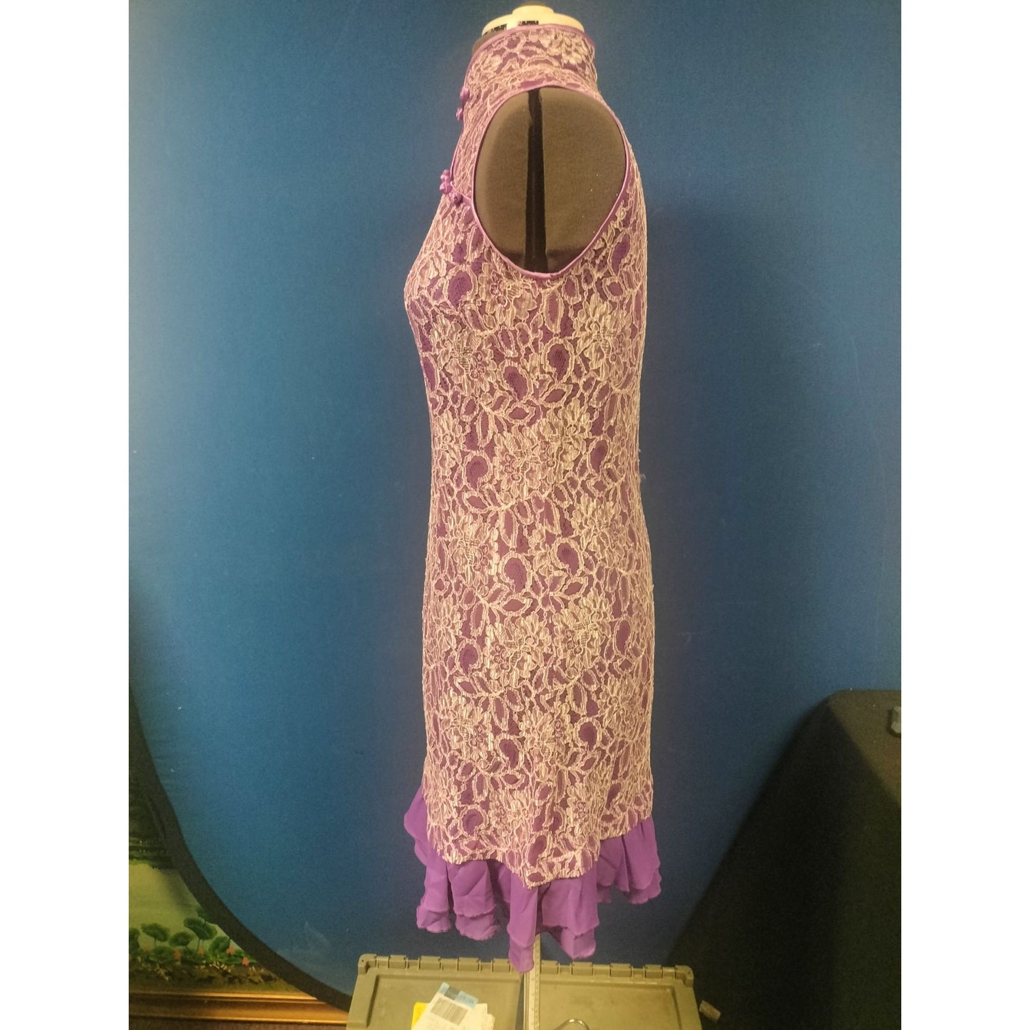 Purple Lace Cheongsam-Inspired Dress With High Collar & Keyhole Detail