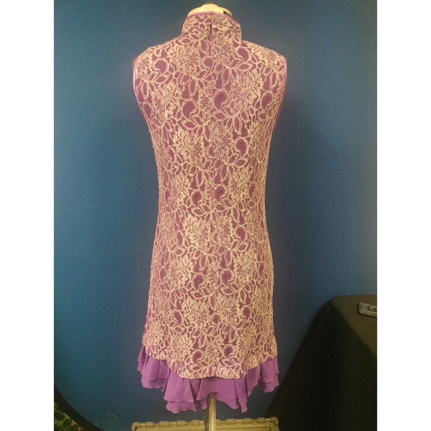 Purple Lace Cheongsam-Inspired Dress With High Collar & Keyhole Detail