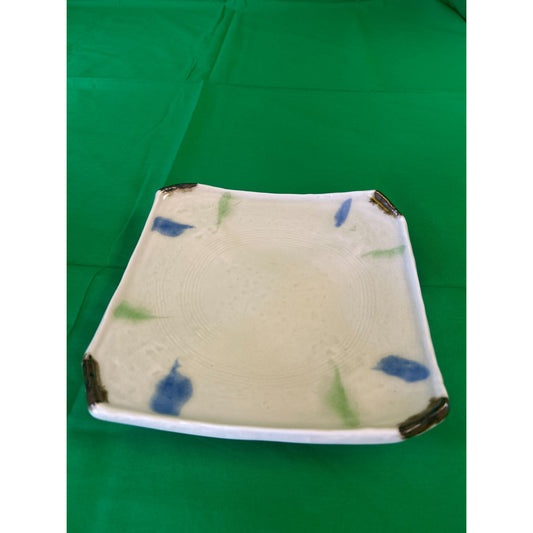 Hand-Painted Square Ceramic Plate With Abstract Blue & Green Accents