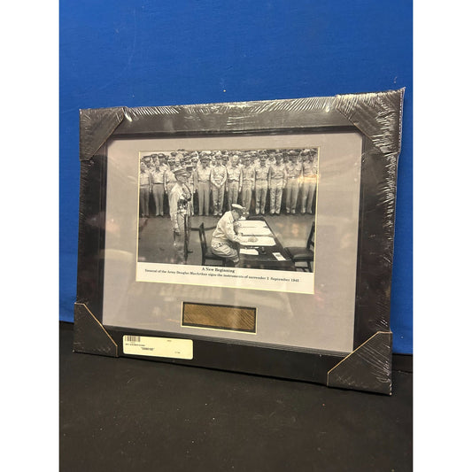 Framed WW II Surrender Signing Photo With Douglas MacArthur & Historical Wood Piece