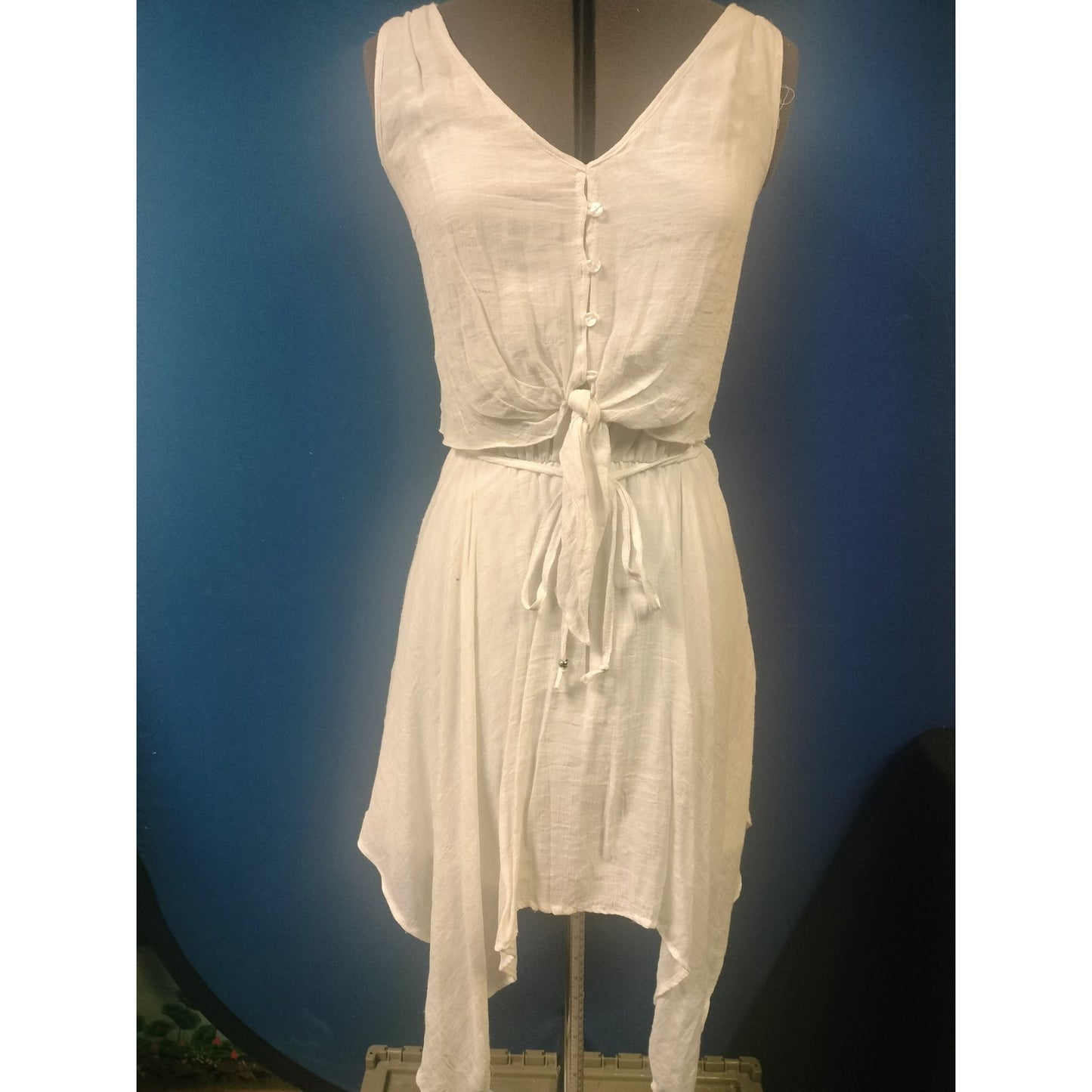 White Sleeveless V-Neck Button-Front Dress With Tie Waist & Asymmetrical Hem