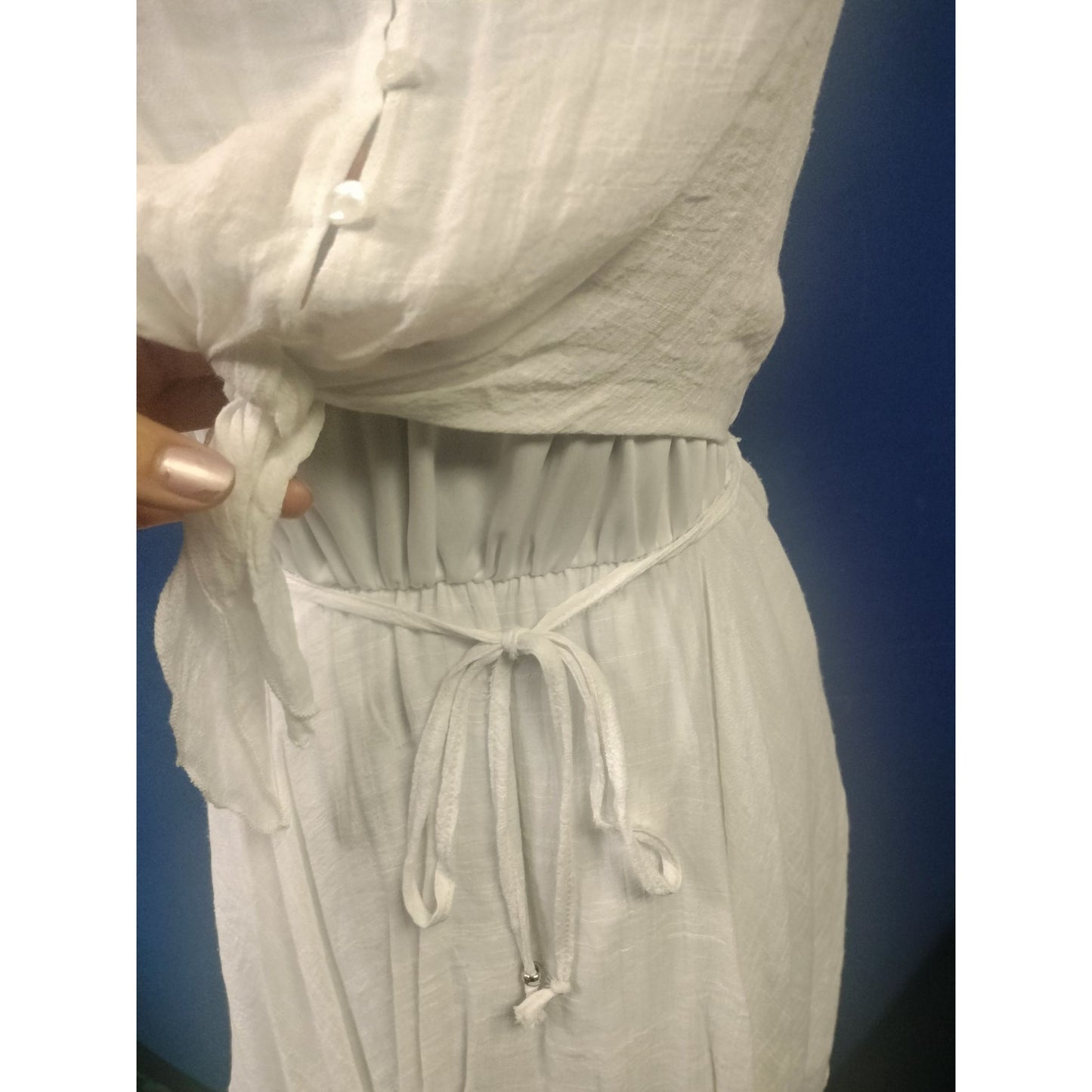 White Sleeveless V-Neck Button-Front Dress With Tie Waist & Asymmetrical Hem