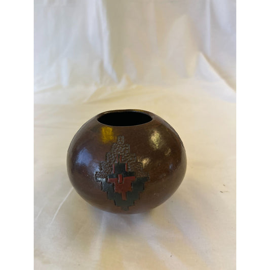 Handcrafted Brown Ceramic Navajo Pottery Vase With Red & Black Geometric Design 3.5" Tall