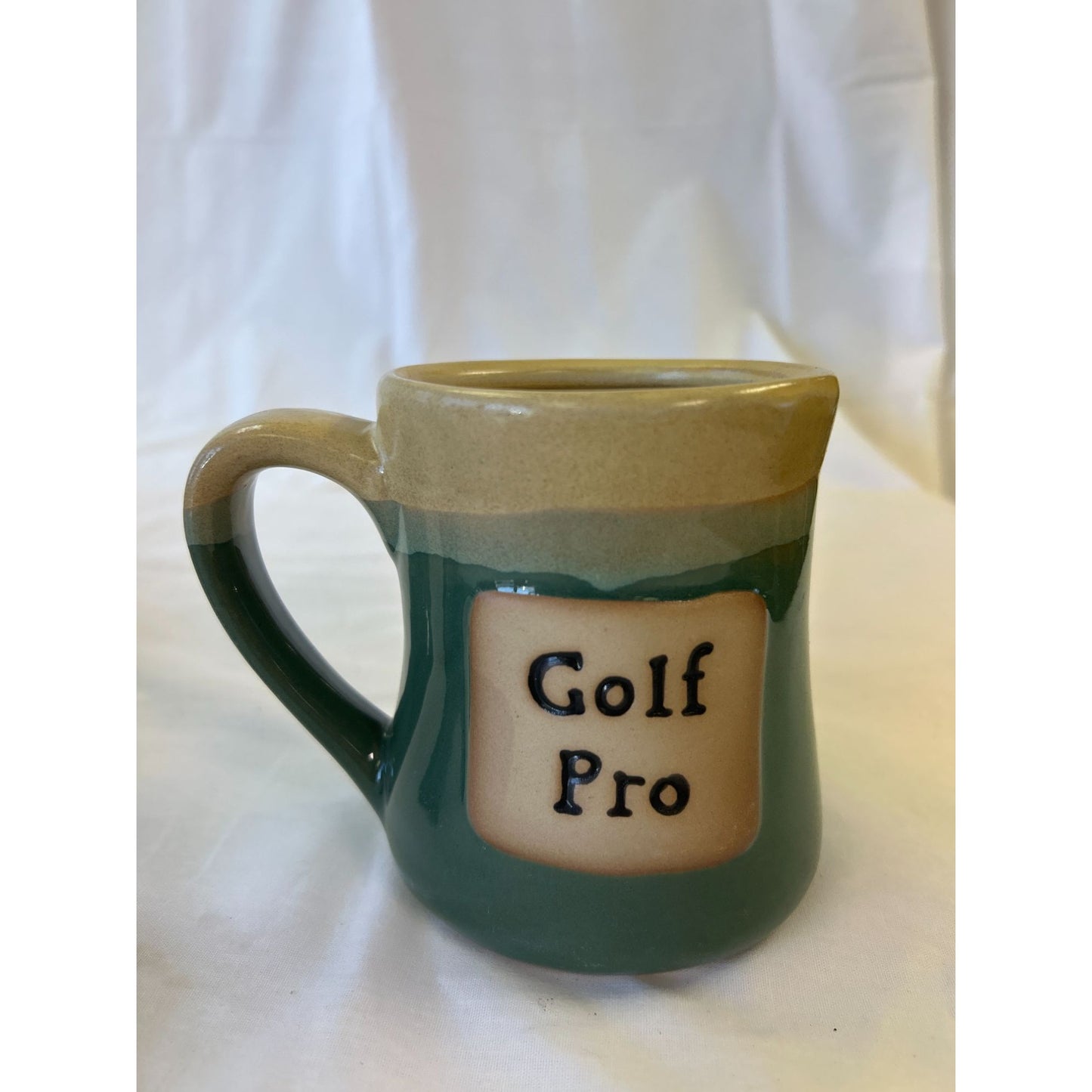 Handcrafted Ceramic Mug With "Golf Pro" Text - Green & Beige 4.5" Tall