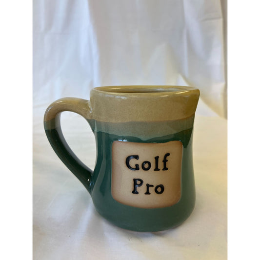 Handcrafted Ceramic Mug With "Golf Pro" Text - Green & Beige 4.5" Tall