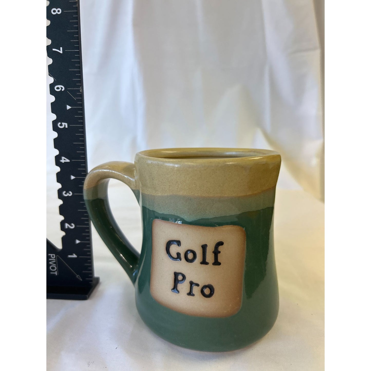 Handcrafted Ceramic Mug With "Golf Pro" Text - Green & Beige 4.5" Tall