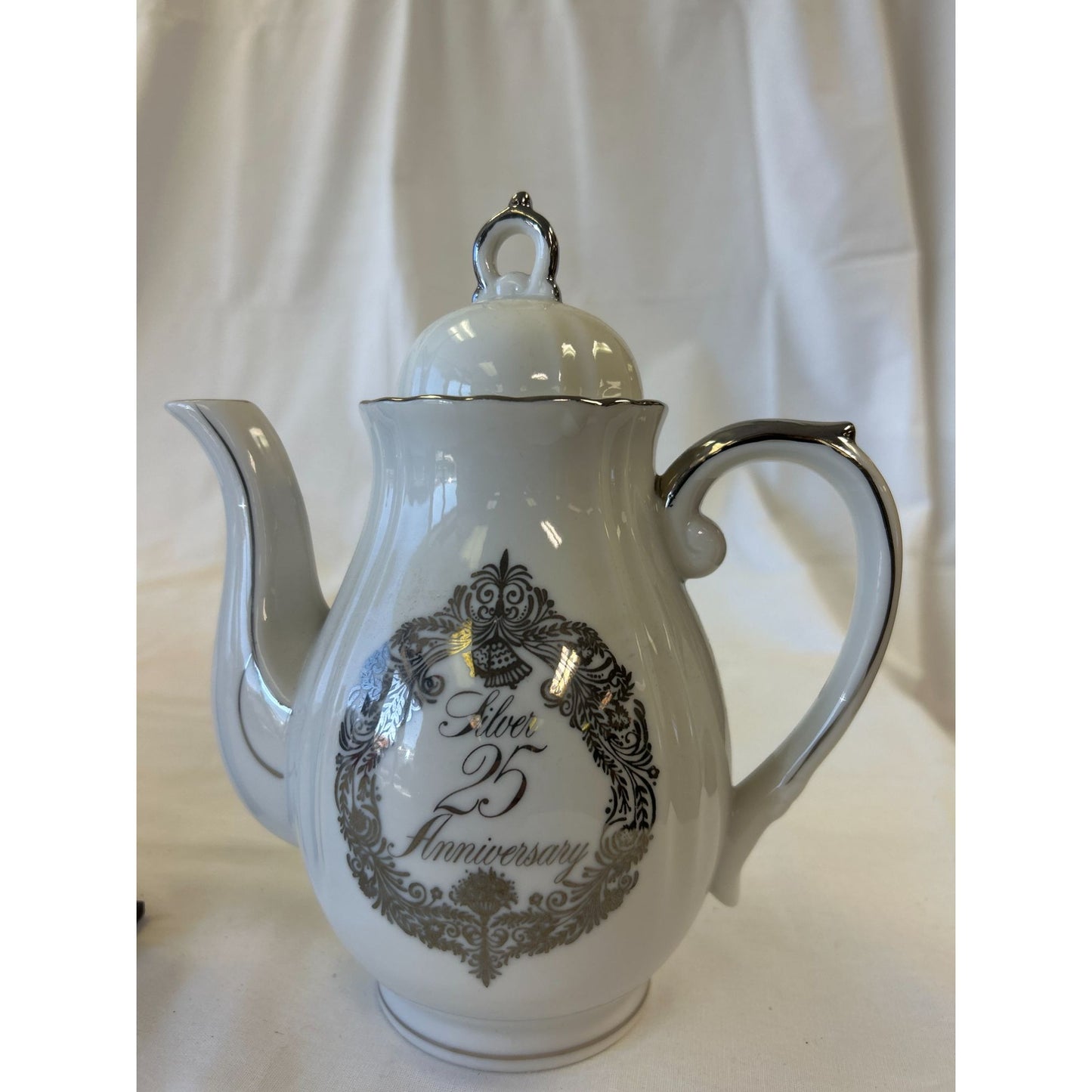 Silver 25th Anniversary Porcelain Tea Pot With Lid & Silver Accents