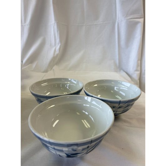 Set Of 3 Blue & White Ceramic Bowls With Abstract Pattern