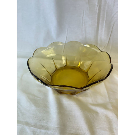 Vintage Amber Glass Scalloped Edge Bowl Decorative Dish 7" Diameter