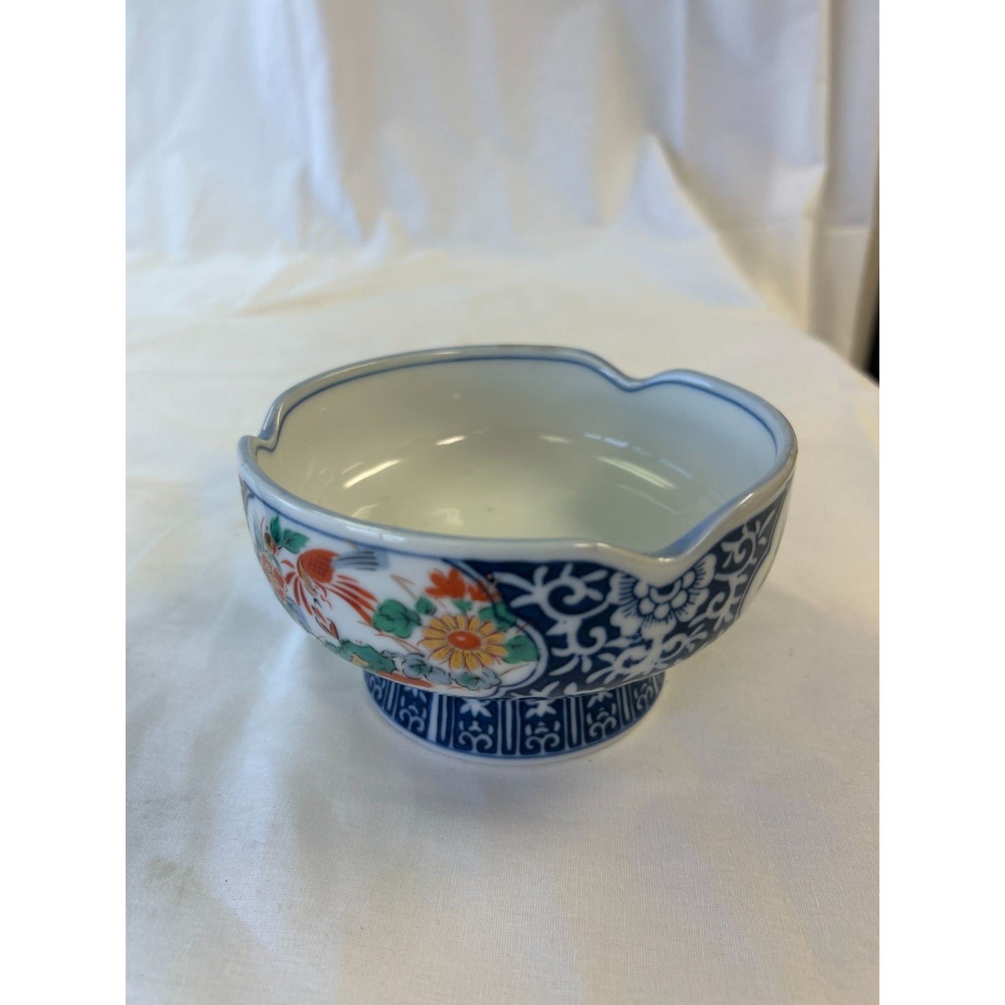 Vintage Japanese Ceramic Floral Blue & White Bowl With Scalloped Rim 3.5" Diameter