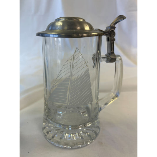 Vintage Glass Beer Stein With Pewter Lid & Etched Sailboat Design