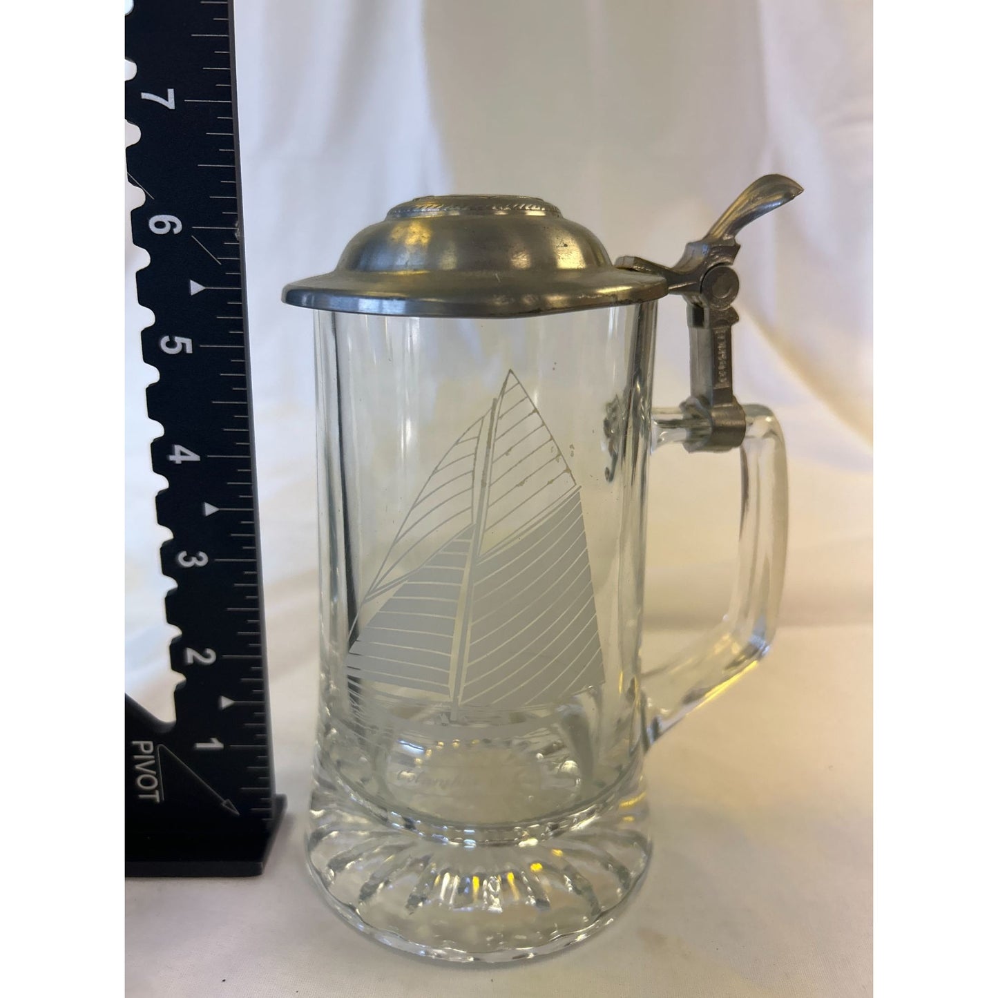 Vintage Glass Beer Stein With Pewter Lid & Etched Sailboat Design