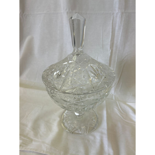 Vintage Crystal Cut Glass Pedestal Candy Dish With Lid Decorative Bowl