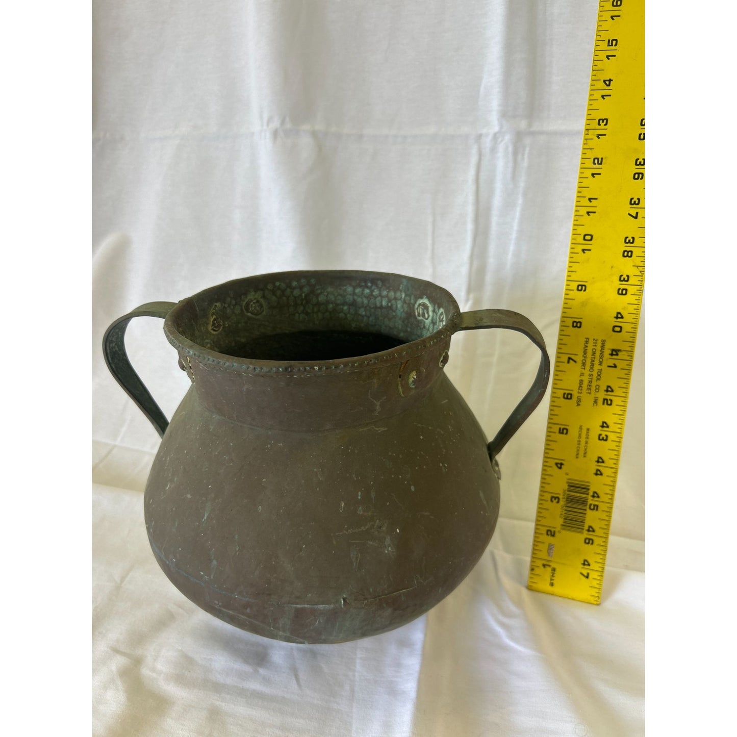 Antique Handcrafted Copper Pot With Dual Handles & Patina Finish