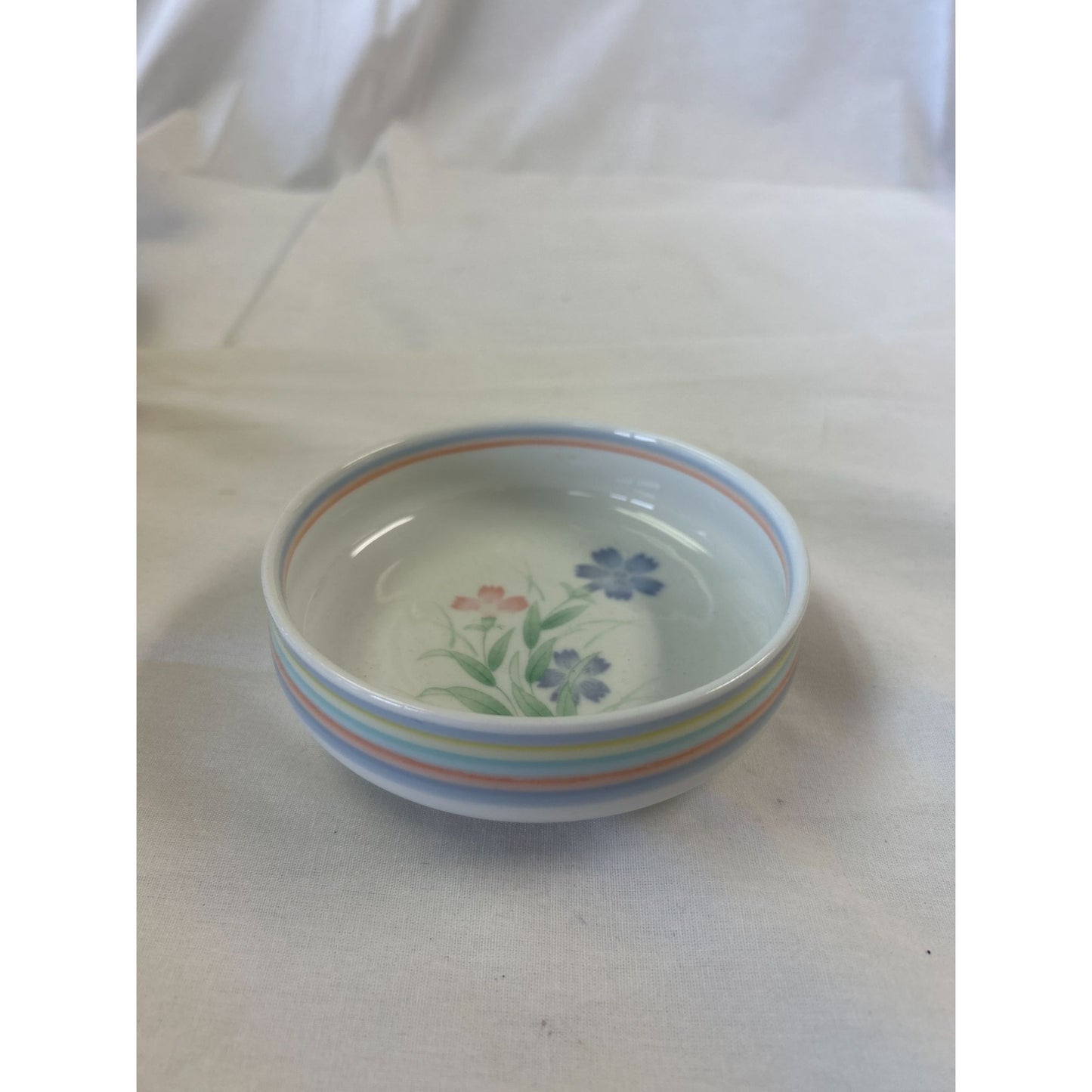 Vintage Porcelain Floral Bowl With Pastel Stripes 4.25" Diameter