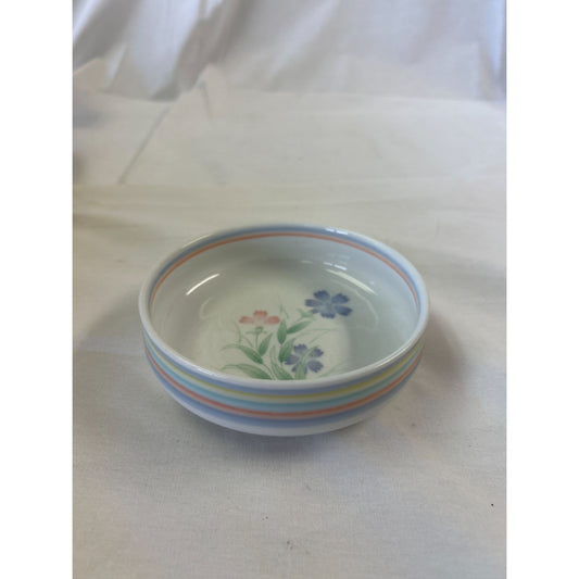 Vintage Porcelain Floral Bowl With Pastel Stripes 4.25" Diameter