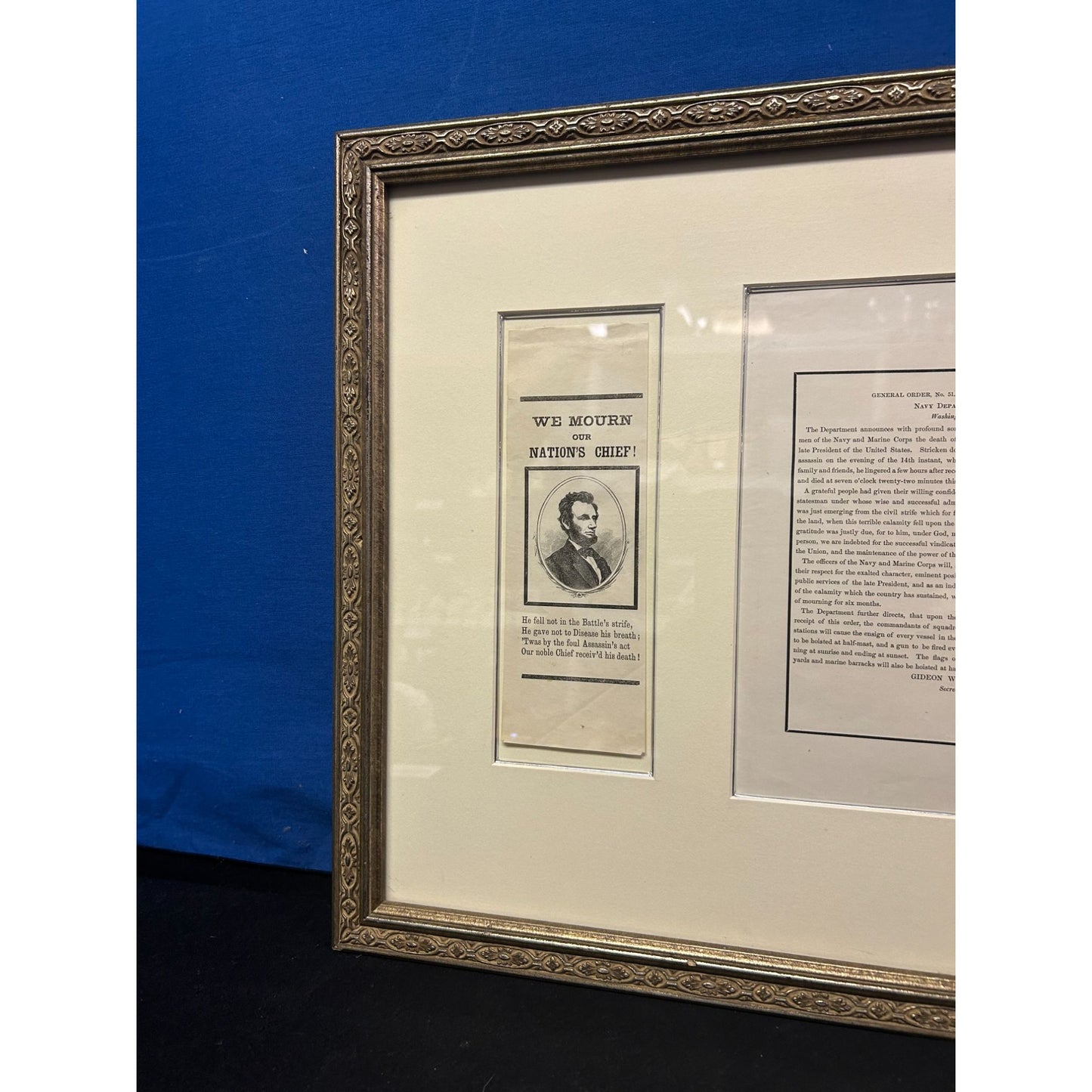 Framed Abraham Lincoln Memorabilia Print "We Mourn Our Nations Chief" & Navy Dept. General Order No. 51