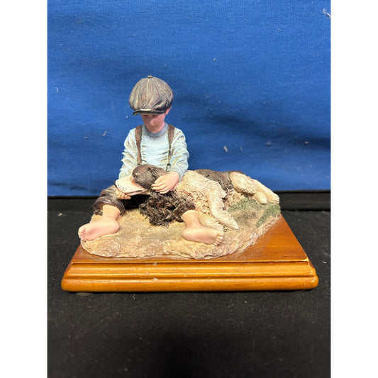 Boy & Dog Figurine On Wooden Base - 4 Inches Tall - Hand-Painted Resin