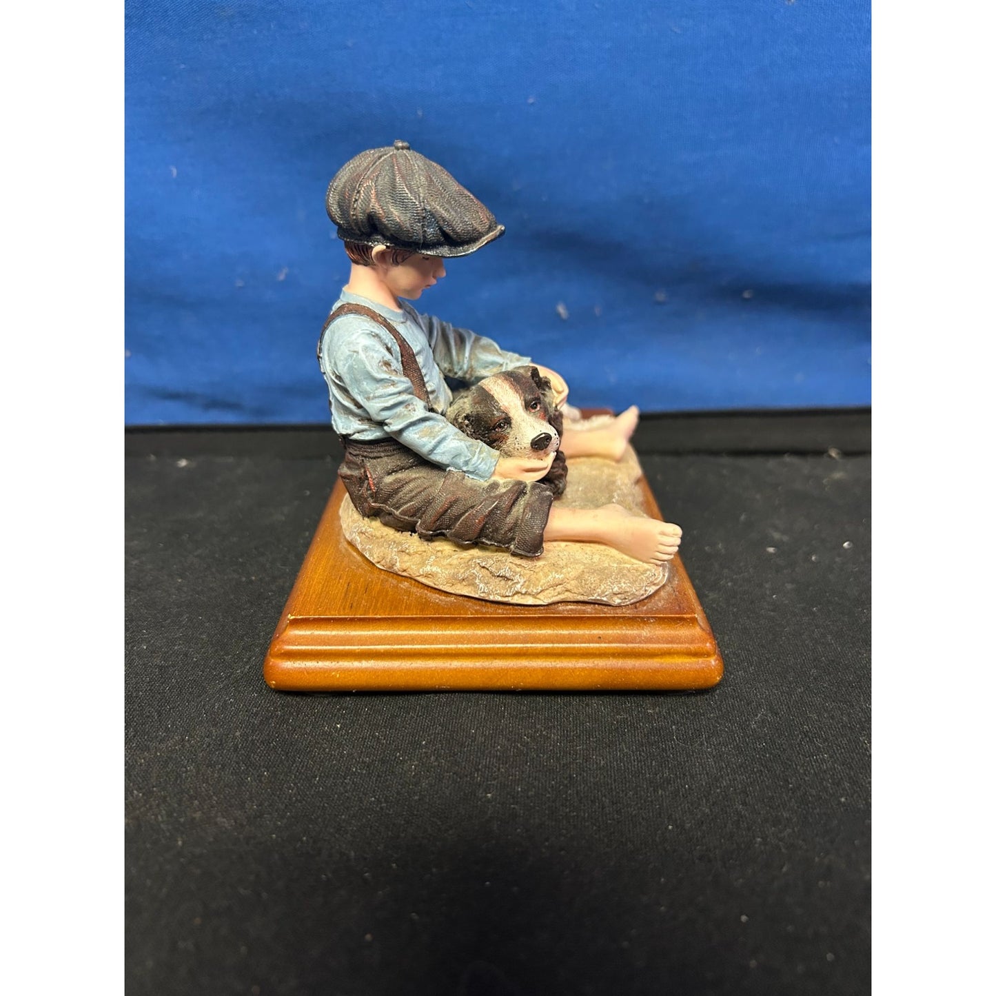 Boy & Dog Figurine On Wooden Base - 4 Inches Tall - Hand-Painted Resin