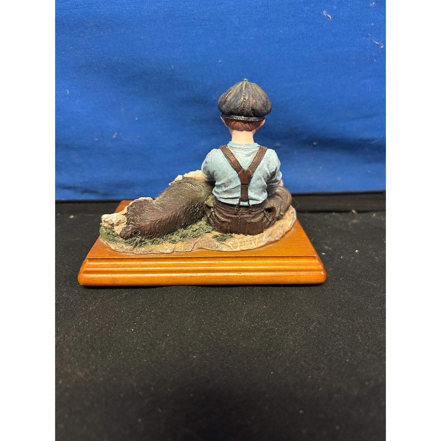 Boy & Dog Figurine On Wooden Base - 4 Inches Tall - Hand-Painted Resin