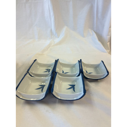 Set Of 5 Vintage Blue & White Ceramic Square Dishes With Handle Design