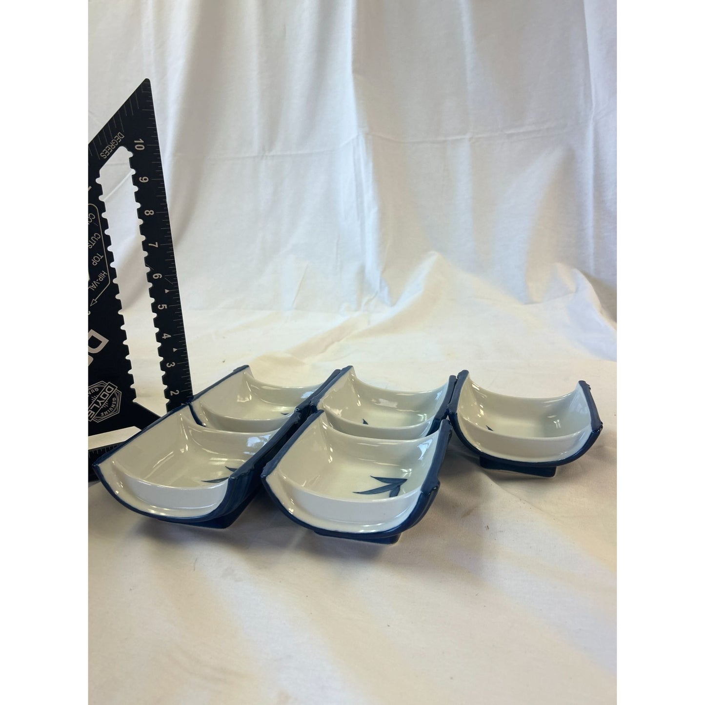 Set Of 5 Vintage Blue & White Ceramic Square Dishes With Handle Design