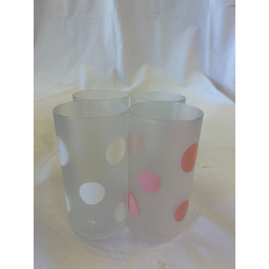 Set Of 4 Libbey Frosted Glasses W/ Pink & White Polka Dots