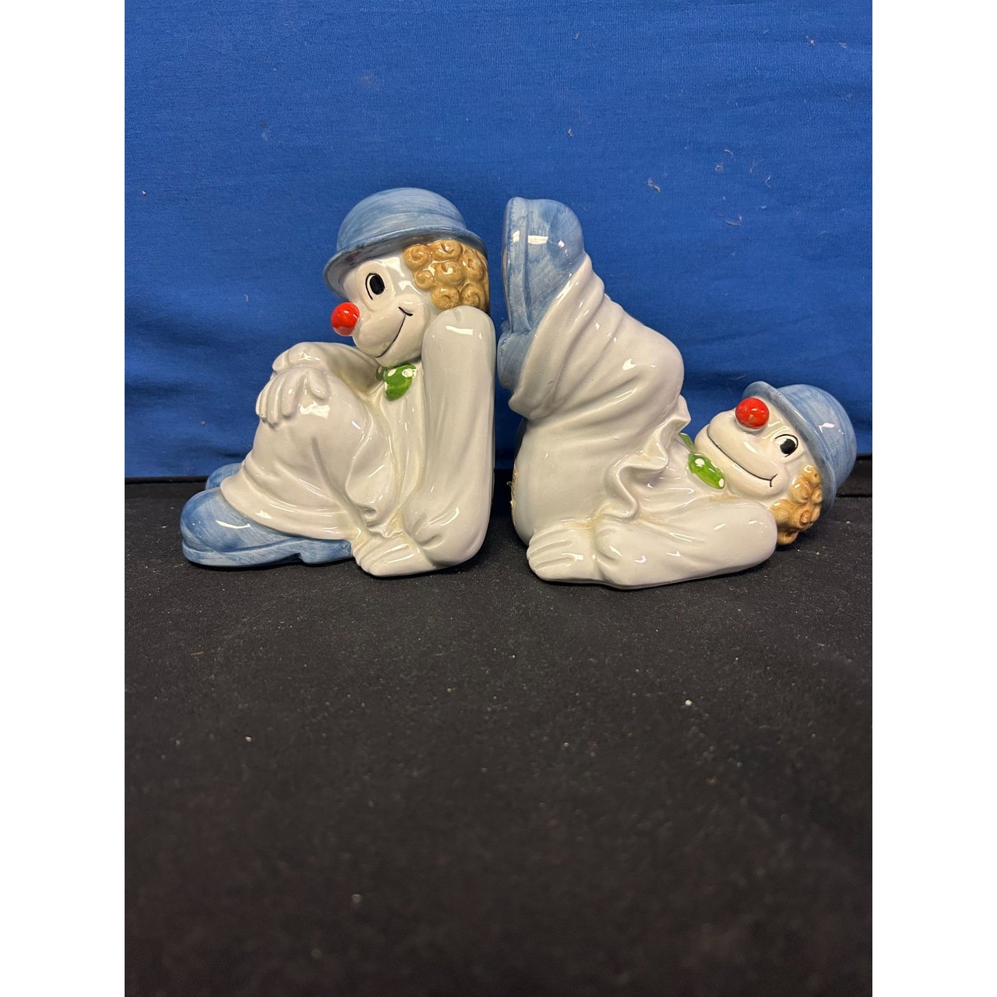 Vintage Clown Ceramic Bookends Blue & White Hand-Painted 4" Set Of 2