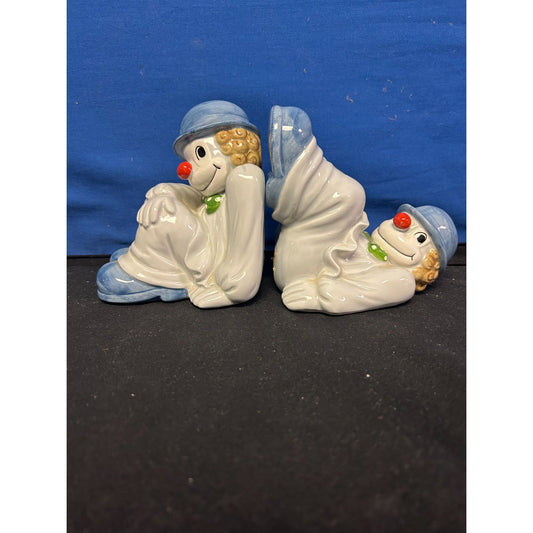 Vintage Clown Ceramic Bookends Blue & White Hand-Painted 4" Set Of 2