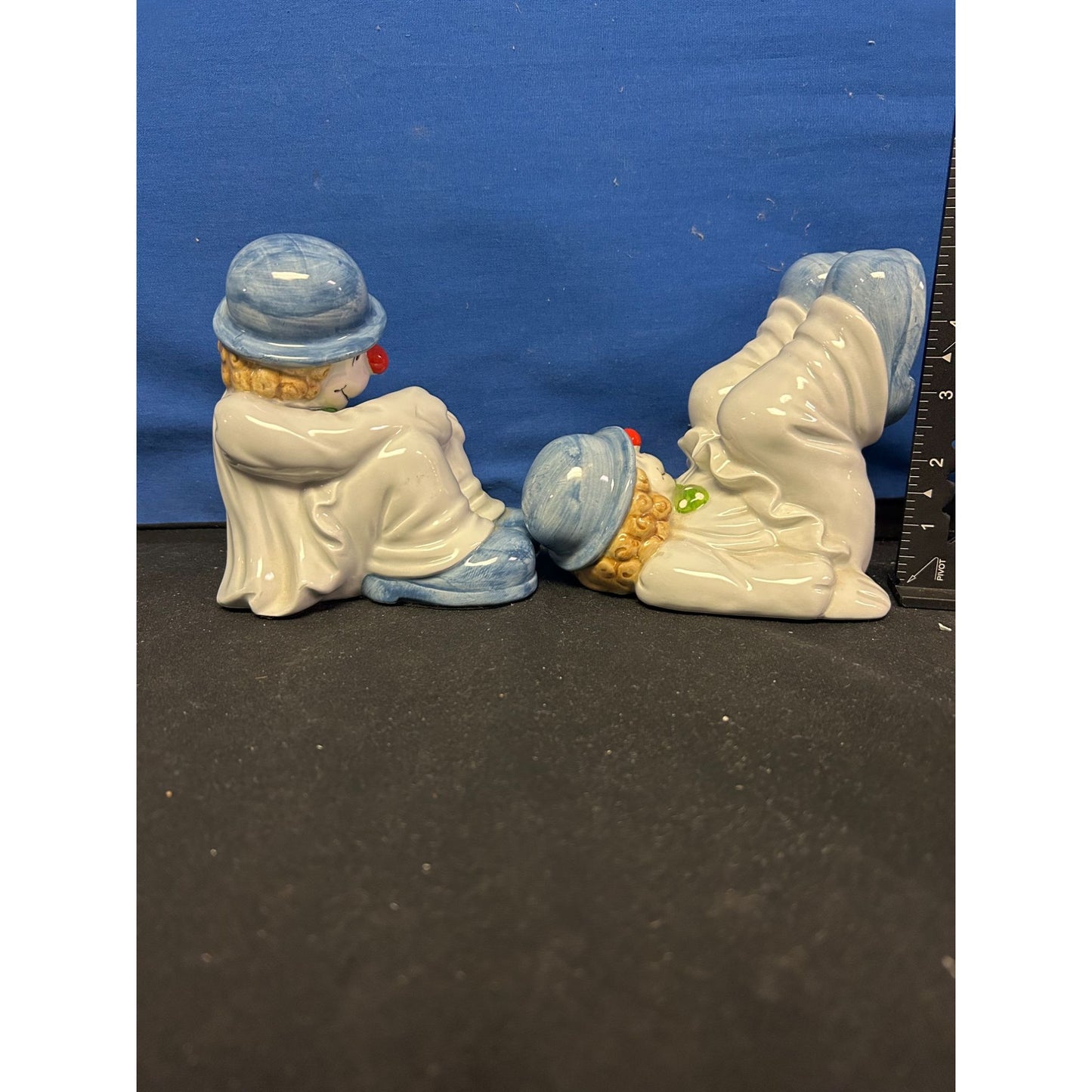 Vintage Clown Ceramic Bookends Blue & White Hand-Painted 4" Set Of 2