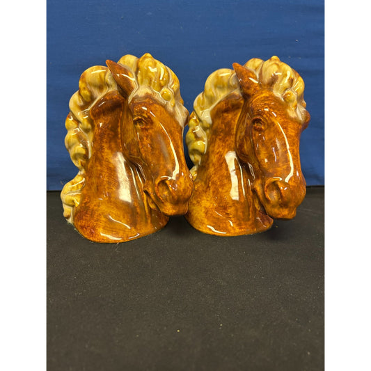 Vintage Ceramic Horse Head Bookends Brown & Cream Glossy Finish 6.5" Tall Home Decor
