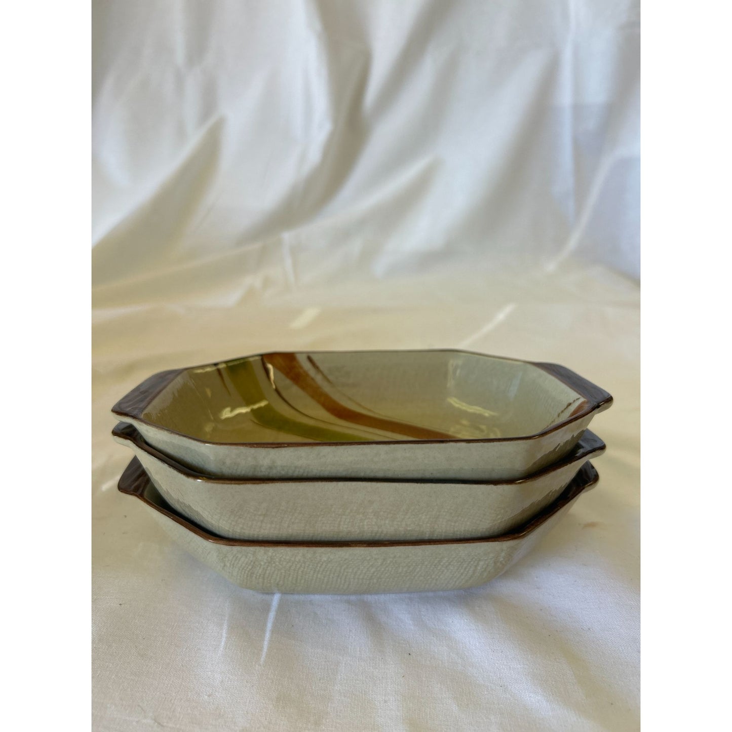 Set Of 3 Vintage Ceramic Hexagonal Bowls Beige & Brown Glaze 6" Diameter Unique Design