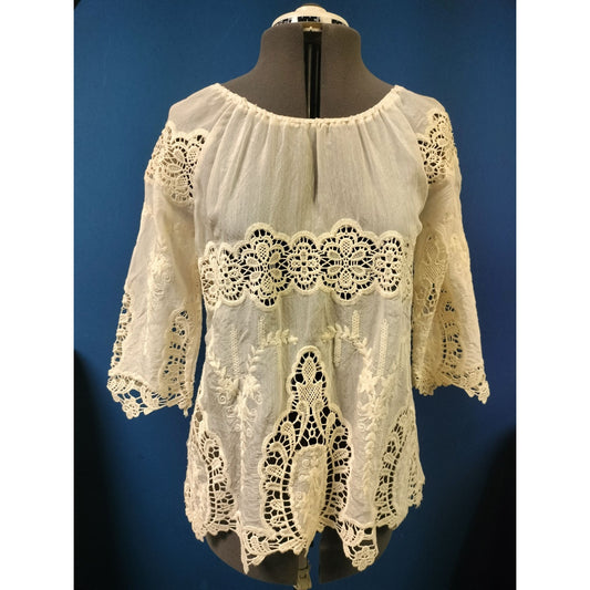 Forgotten Grace White Lace Crochet Tunic Top Small Bell Sleeves Boho Style