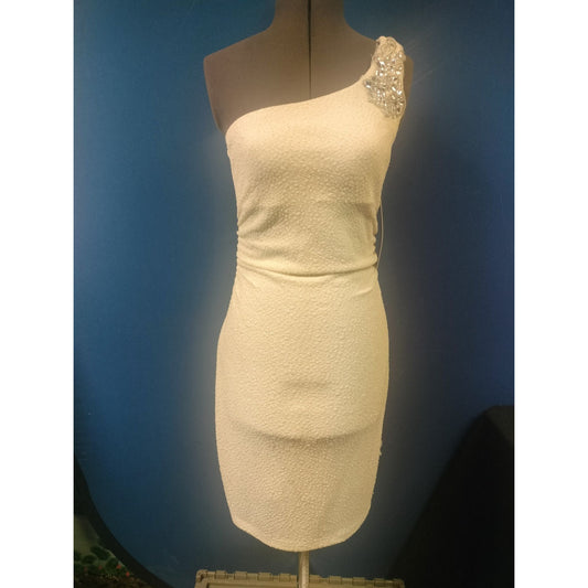 One-Shoulder Ivory Mini Dress With Beaded Detail By Emerald Sundae Size Large