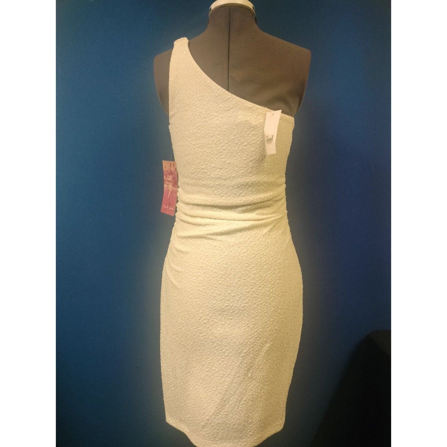 One-Shoulder Ivory Mini Dress With Beaded Detail By Emerald Sundae Size Large
