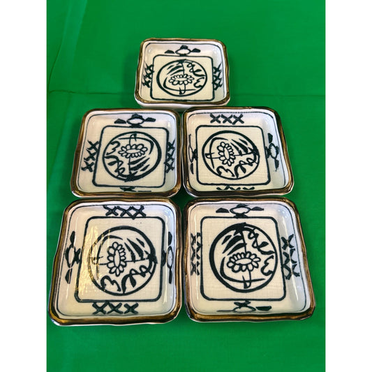 Set Of 5 Square Ceramic Dishes With Blue Floral Design & Gold Trim