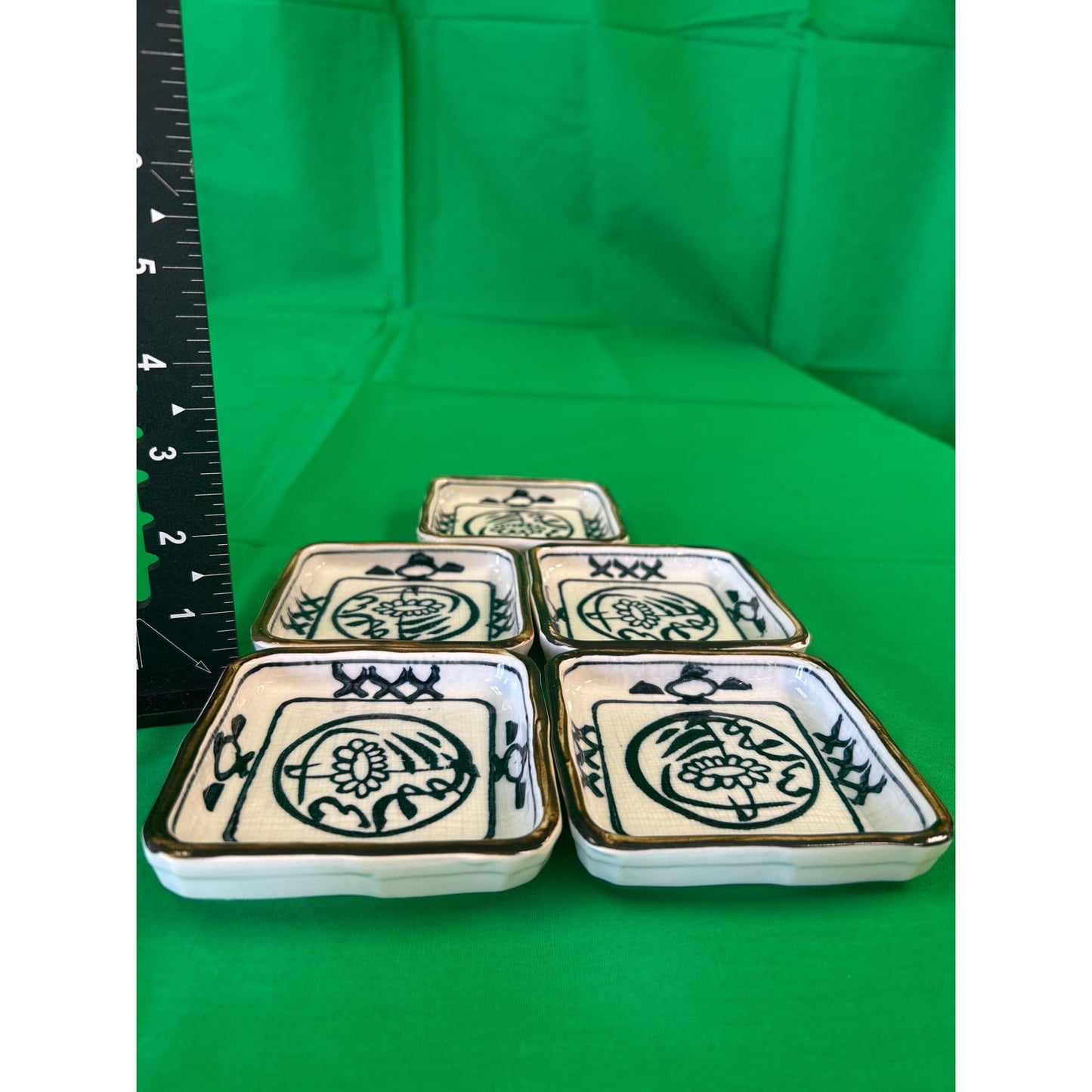 Set Of 5 Square Ceramic Dishes With Blue Floral Design & Gold Trim