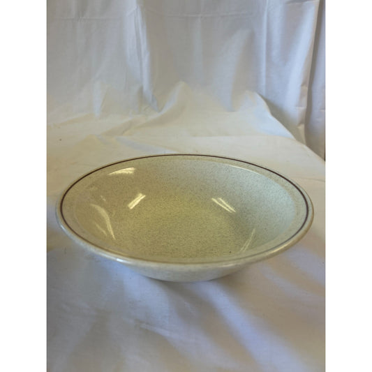 Vintage Stoneware Beige Speckled Bowl With Brown Rim Detail 7" Diameter