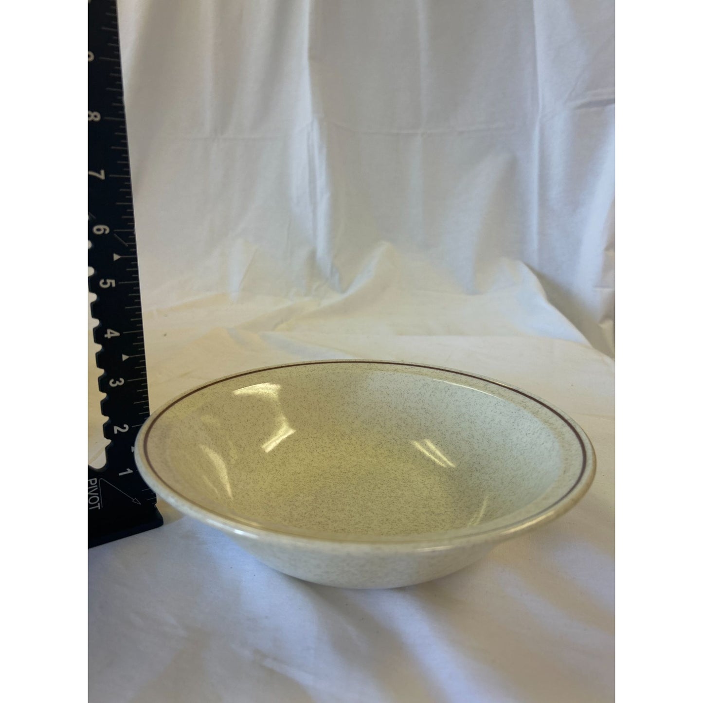 Vintage Stoneware Beige Speckled Bowl With Brown Rim Detail 7" Diameter