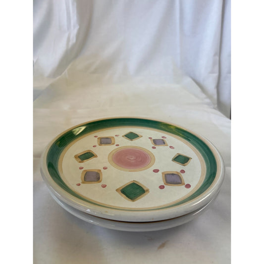 Vintage Ceramic Decorative Plate With Geometric Design & Green Rim