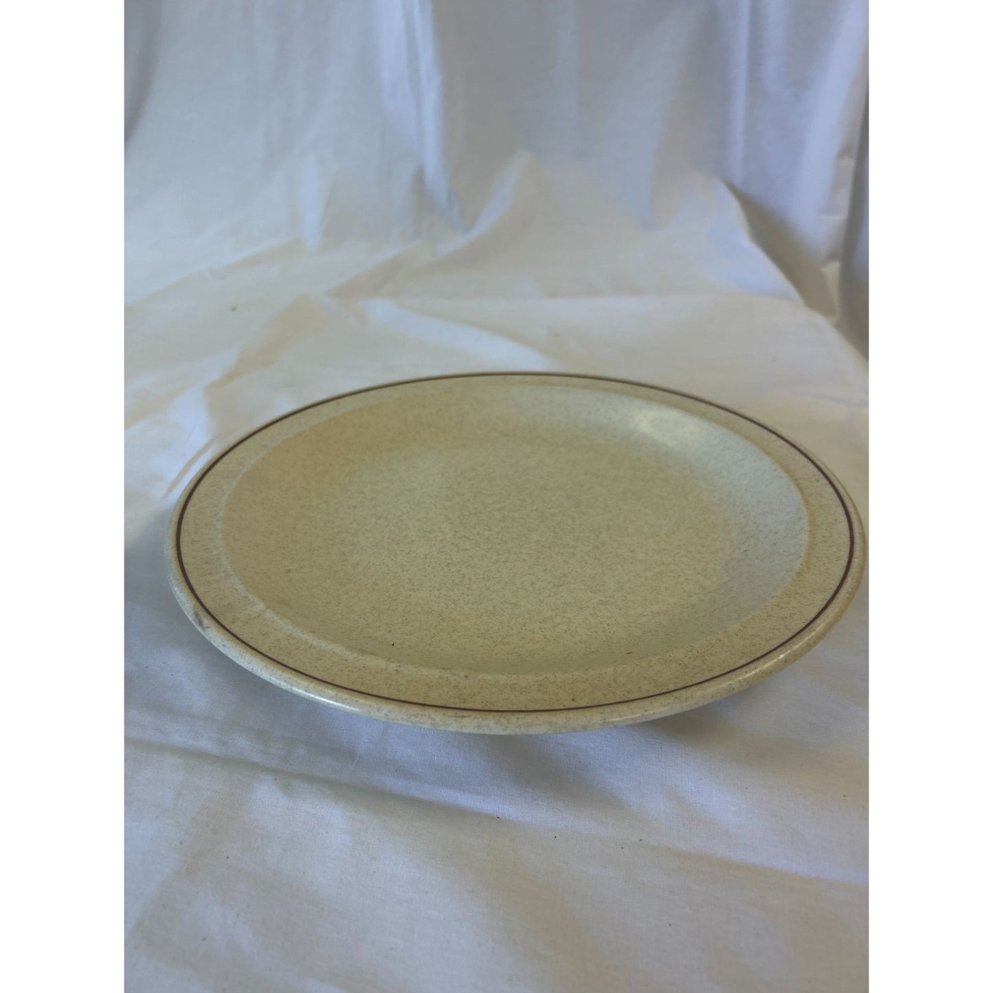 Vintage Tan Stoneware Dinner Plate With Brown Rim