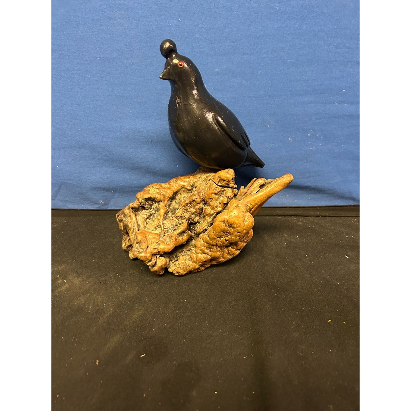 Hand-Carved Black Quail Figurine On Natural Wood Base Rustic Decor