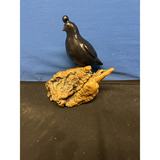 Hand-Carved Black Quail Figurine On Natural Wood Base Rustic Decor