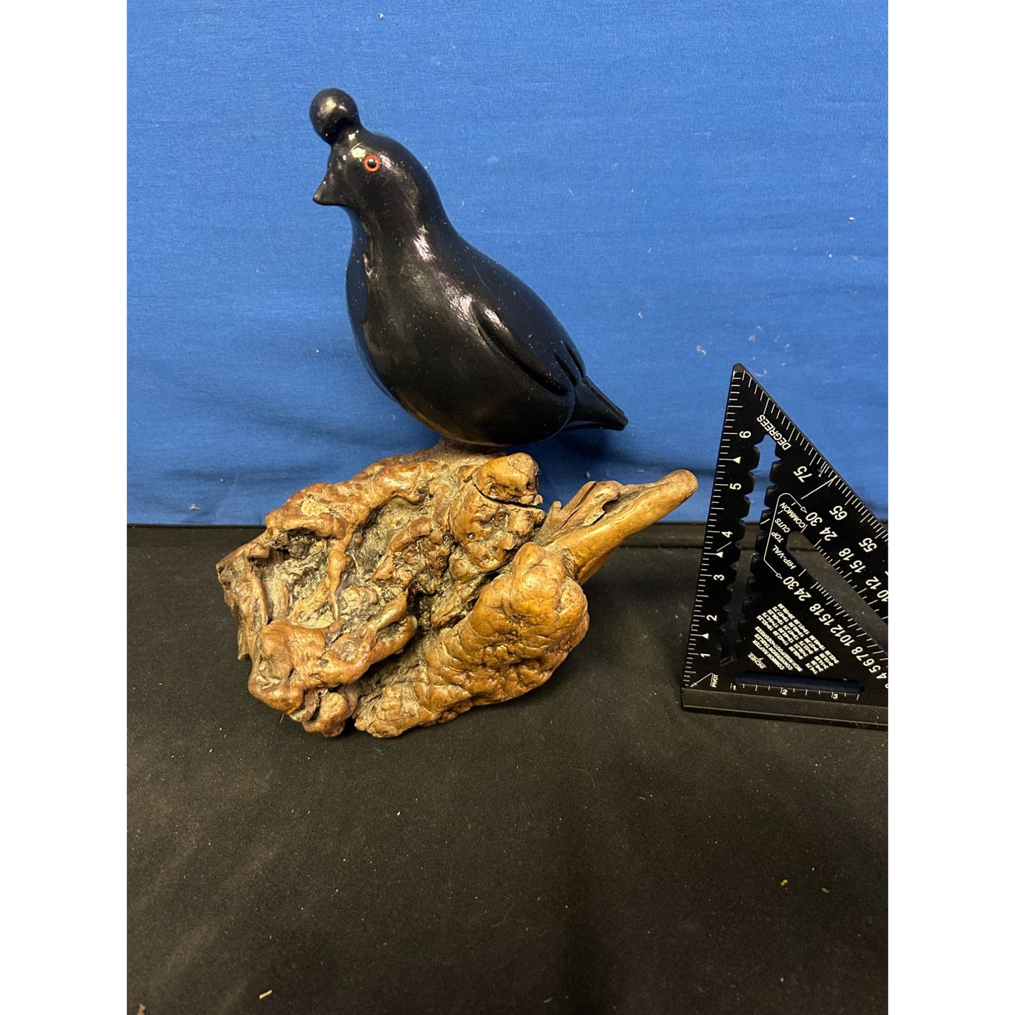 Hand-Carved Black Quail Figurine On Natural Wood Base Rustic Decor
